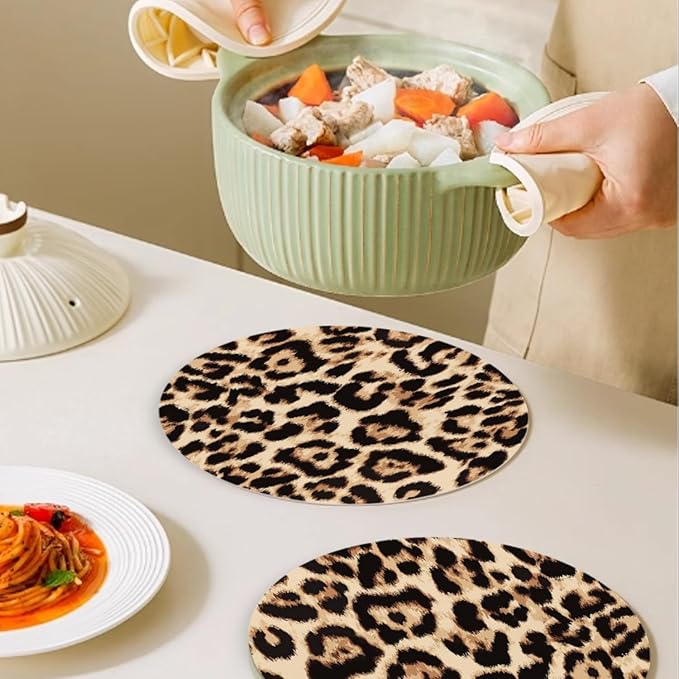 Faux Leather Placemats Set of 4,Golden Brown Bionic Leopard Print Ding Table Round Placemat Heat-Resistant Waterproof Non-Slip Place Mats Kitchen Living Room Decoration,13inch