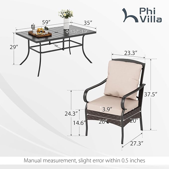 PHI VILLA Outdoor Dining Set for 6, All-Weather Patio Table and Chairs Set for 6, Heavy Duty Rectangle Patio Metal Table Set for Deck, 6 Extra Large Outdoor Swivel Chairs with Thick Cushions