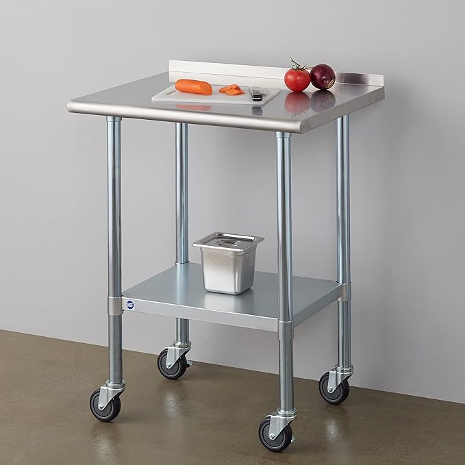 Stainless Steel Table for Prep & Work with Backsplash & Caster 24x30 Inches, NSF Commercial Kitchen Heavy Duty Table with Adjustable Under Shelf for Restaurant, Home and Hotel