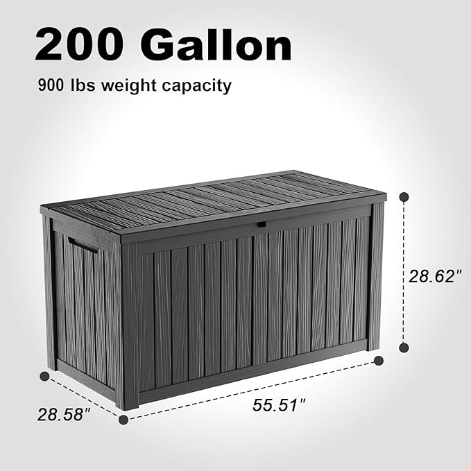 200 Gallon Waterproof Outdoor Storage Box, UV Resistant Resin Deck Box with Hydraulic Rod for Reinforced Stability, Perfect for Patio, Garden, and Pool（Black，200 Gallon）