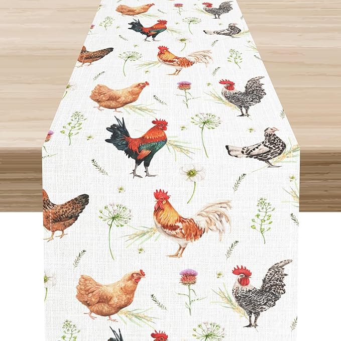 Farmhouse Rooster Table Runner, Rustic Farm Animals Cow Pig Chicken Coffee Table Center Decor for Home Kitchen Dining Patio Holiday Party Indoor Outdoor Table Decorations, 13"x90" Inch