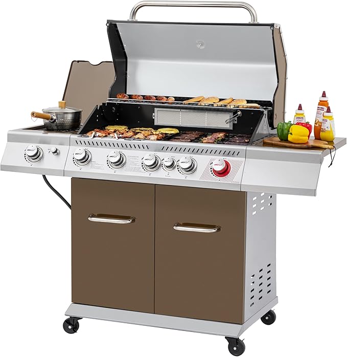 Royal Gourmet GA5403C 5-Burner Propane Gas Grill with Side Burner & Warming Rack, Outdoor BBQ Grill with 74,000 BTUs Output & 738 Sq. in. Cooking Area for Outdoor Barbecue, Coffee