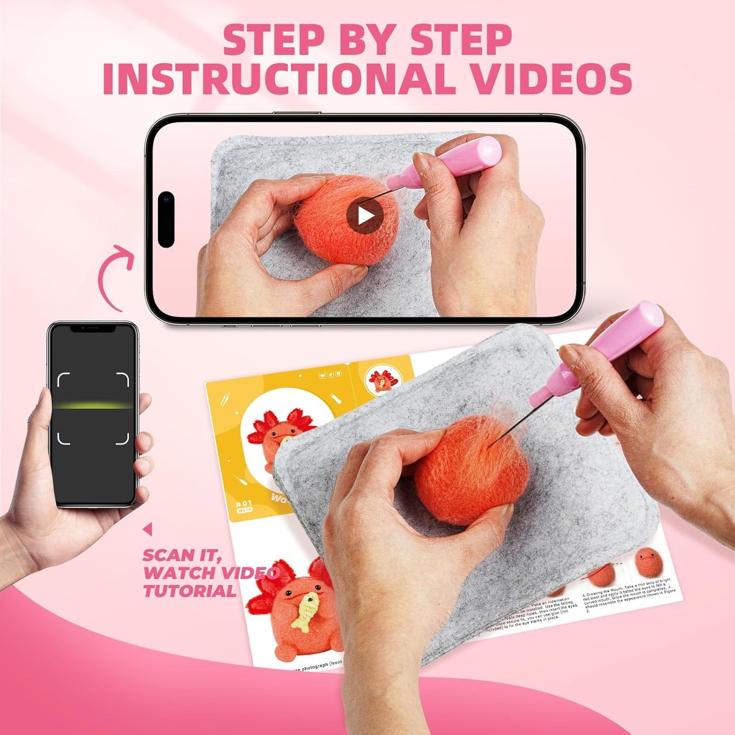 MOREJMTT Needle Felting Kit, 6 PCS Animal Needle Felting Beginner Kits, Wool Felt Needle Felting Tools Foam Pad, Craft Party Supplies for Beginners Adult(6pack Axolotl)