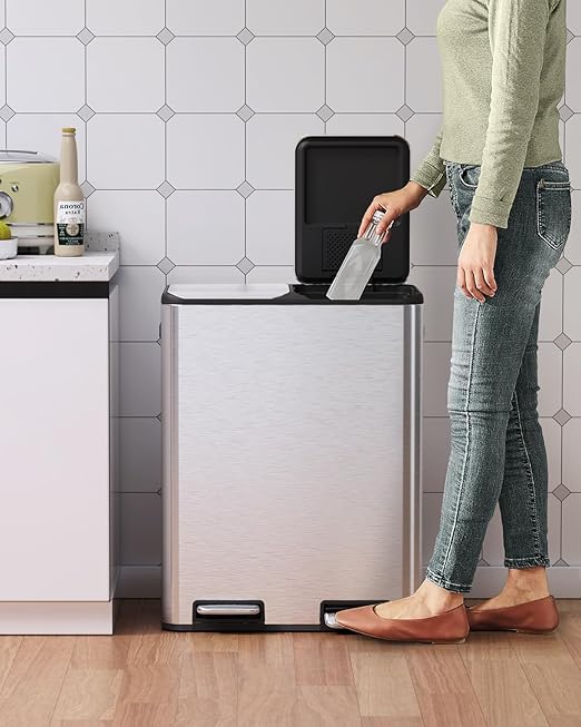 Arlopu 16Gal Dual Trash Can w/2 Built-in Box for Odor Control, Hands-Free Kitchen Garbage Bin, Recycle Waste Dustbin, Soft-Close Lid, 2 Buckets,Foot Pedal, Side Handle, Airtight,for Home (Silver)