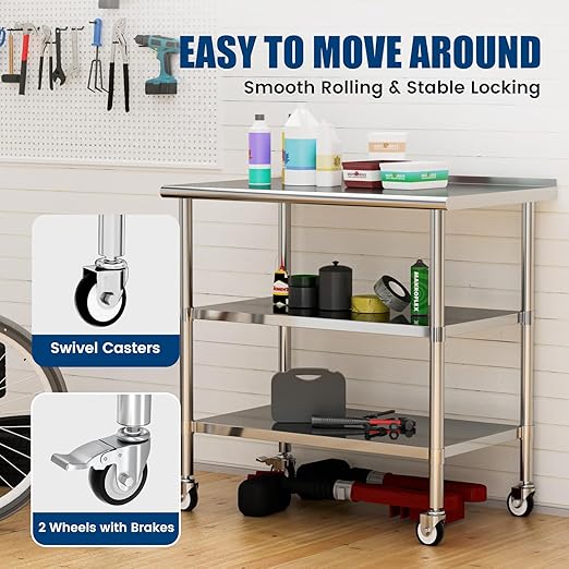 Stainless Steel Work Table with Wheels, 24x48 Inch NSF Food Prep Table with Backsplash & 2 Adjustable Undershelves for Commercial Kitchen, Restaurant, Garage