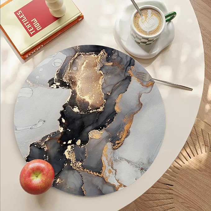 Round Placemats Set of 4,Grey-Gold Marble Ding Table Placemat Easy to Clean Heat-Resistant Waterproof Non-Slip Place Mats Kitchen Decor for Housewarming Gift,13inch