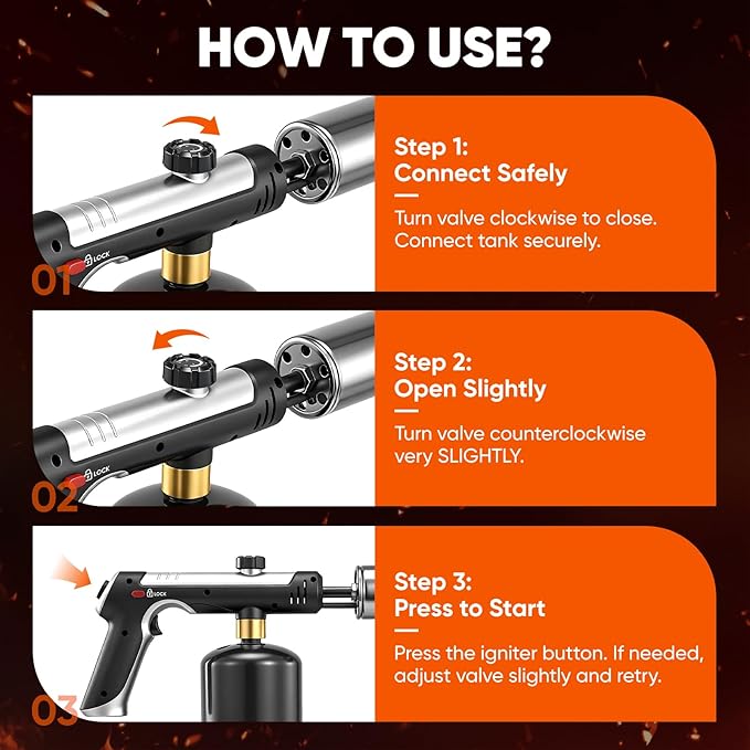 Propane Torch, 3272°F Propane Torch Gun High Heat Torch Lighter with Adjustable Flame & Safety Lock, for BBQ Grilling, Charcoal Igniting, Cooking, DIY Projects (1 Set)