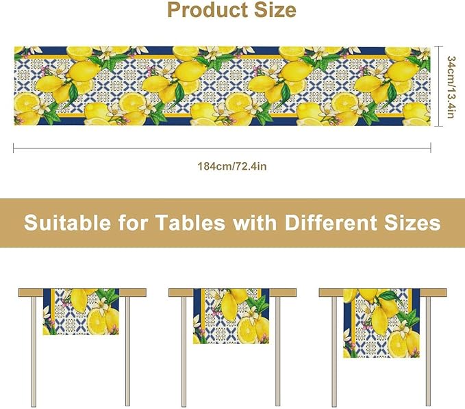 Yellow Lemon Table Runner, Spring Summer Seasonal Blue Tiles Watercolor Lemon Table Runner for Farmhouse Kitchen Indoor Outdoor Party Decor, 13x70inch