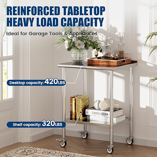 Stainless Steel Work Table with Wheels, 24x30 Inch NSF Food Prep Table with Backsplash & Adjustable Undershelf for Commercial Kitchen, Restaurant, Garage, Outdoor BBQ