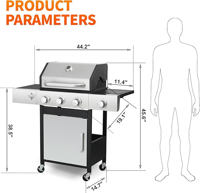 3-Burner Propane Grill - 37,230 BTU BBQ with Side Burner | Porcelain Cast Iron Grates | Stainless Steel Outdoor Grill for Backyard, Camping, Tailgating (Fast Heating & Easy Clean)