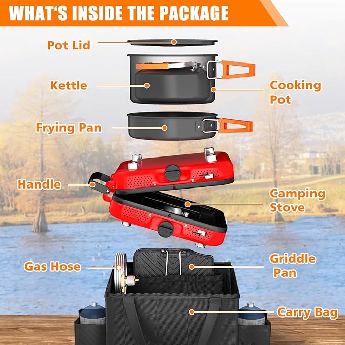 Hisencn Camping Stove,2 Burner Propane Stove,20000 BTU/h Camping Cooking set Includes Frying Pan,Kettle and Pot,Adjustable Burners & Piezo Ignition,Portable stove for camping Outdoor,Red