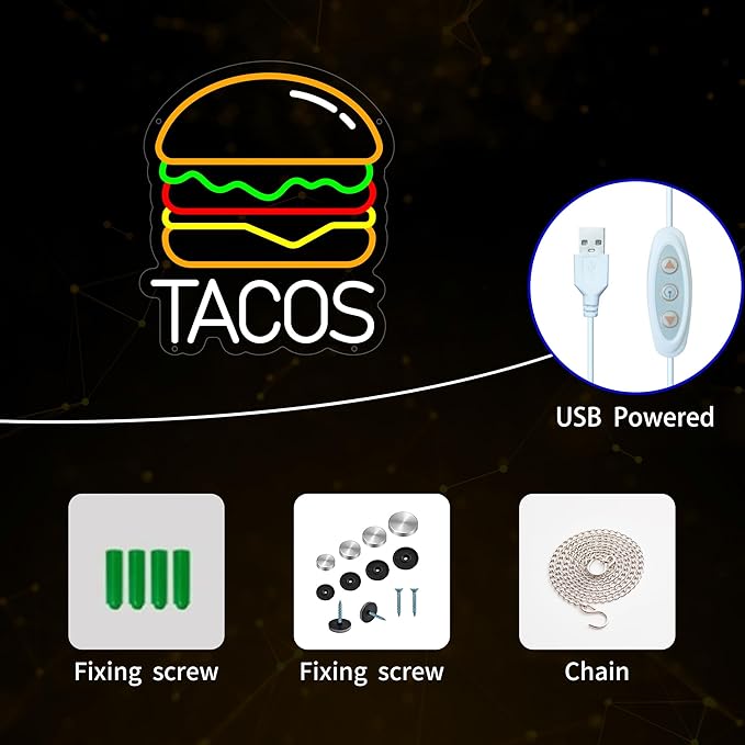 Tacos Neon Sign for Wall Decor, Hamburger Led Signs, Dimmable Neon Light Sign for Restaurant, Snacks, Living Room, Bar Decoration, USB Powered Light Up Signs for Kitchen