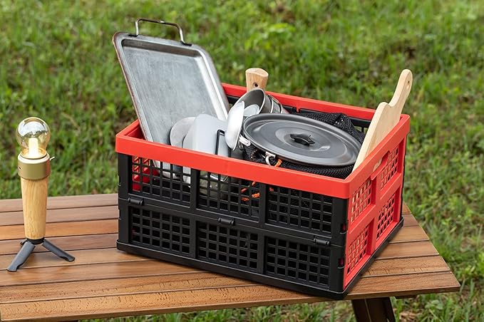 34L Large Plastic Folding Storage Crates,Collapsible Crates for Storage,Pack of 3 (Black+Red)