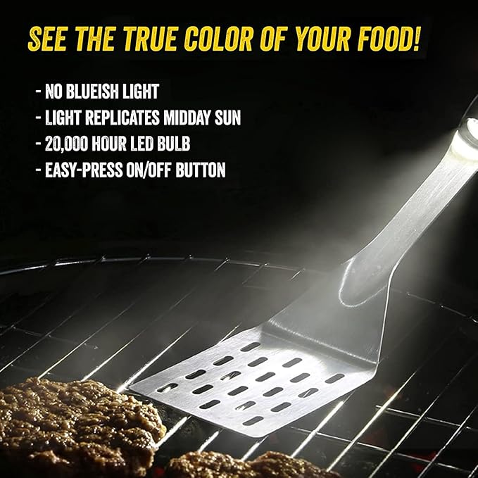 Grill Light Stainless Steel BBQ Grilling Fish Spatula with LED Flashlight - Thick Restaurant Grade Steel - Wide Surface for Delicate Fish - Waterproof & Dishwasher Safe