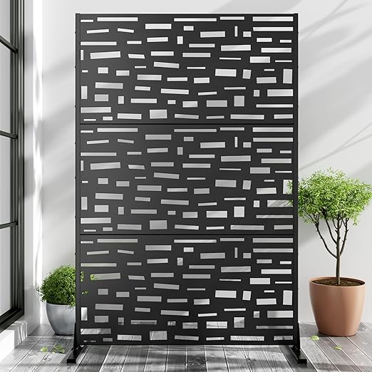 Casaphoria Metal Privacy Screen Outdoor, 72" H x 47" W Freestanding Decorative Privacy Screen for Patio Deck Balcony Garden with Stable Base, Black-Gerald