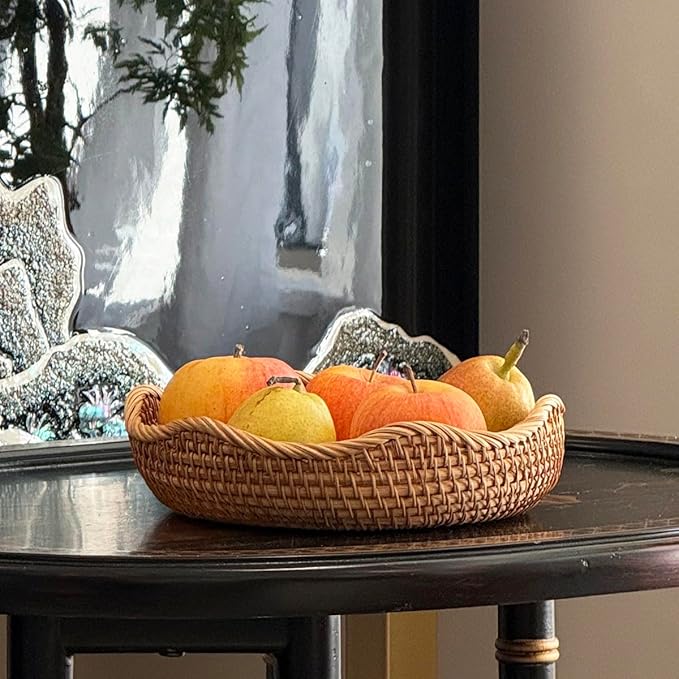 RT&BS Rattan Bread Baskets for Serving, Christmas Food Baskets, Handwoven Fruit Basket for Kitchen, Store, Restaurant, Outdoor, Party (M, Ø9.8 * 2.8'')