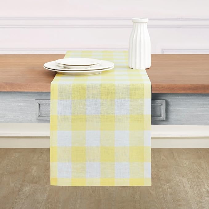 Solino Home Linen Checkered Table Runner 48 Inches - 100% Pure Linen Yellow and White Buffalo Check Short Table Runner 14 x 48 Inch Ideal for Dresser and Coffee Tables, Spring, Easter