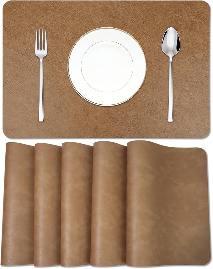 Cowhide Pattern Faux Leather Placemats Set of 6,Heat Resistant Non-Slip Waterproof Wipeable Washable Kitchen Dining PU Table Place Mats,Double-Sides Available,Light Coffee