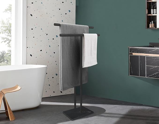 40 Inch Freestanding Towel Rack for Bathroom Floor Double-T Shape Bath Sheet Holder with Marble Design Base Standing Towel bar Next to Tub or Shower Towel Holder Stand SUS304 Matte Black
