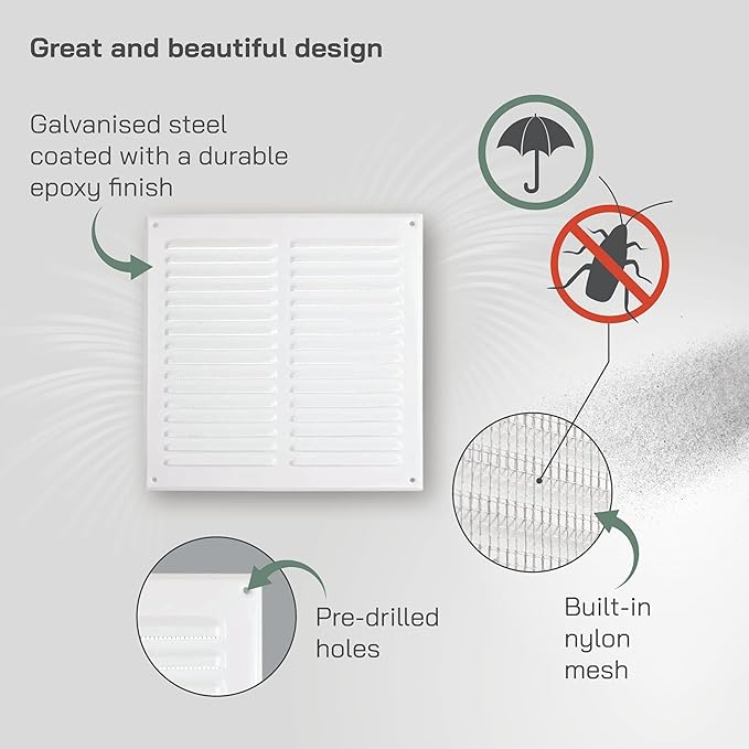 Vent Systems 10 x 10 Inch (Inner) White Vent Cover - Square Metal HVAC Return Air Grille with Mesh Screen - Register Wall Vent Duct Grill - Outdoor, Indoor, Crawlspace - Exhaust Ventilation Grill