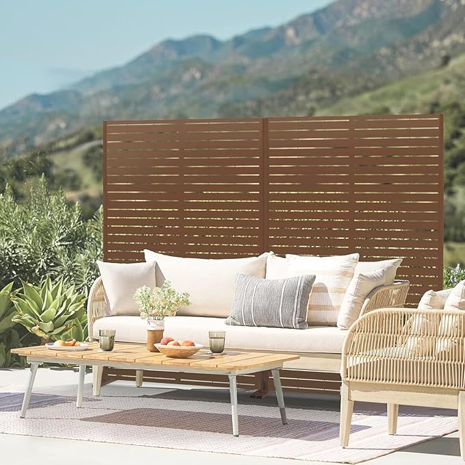 Metal Privacy Screen Outdoor 72" H×47" W, Freestanding Decorative Privacy Screen for Balcony Yard&Garden,Privacy Fence-Brown&Louvered