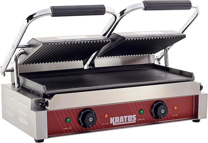 Kratos Commercial Electric Panini Sandwich Grill with Grooved Top and Smooth Bottom Plates, 18.7"x9" Cooking Surface, Commercial Countertop Panini Press, 120V, 3500W (29Y-025)