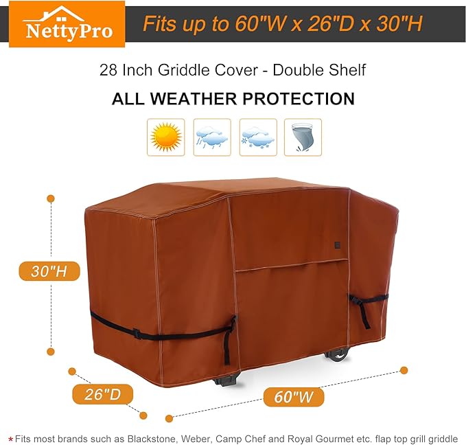 NettyPro Griddle Cover for Blackstone 28 inch Griddle Waterproof Heavy Duty 2 Burner Flat Top Gas Grill Cover 28" Cooking Station Camping, Brown