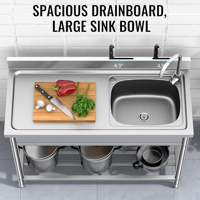 Stainless Steel Sink, Free Standing Kitchen Sink with Countertop Workstation, Utility Sinks Single Bowl with Cold and Hot Water Pipe Indoor Outdoor (47 Inch)