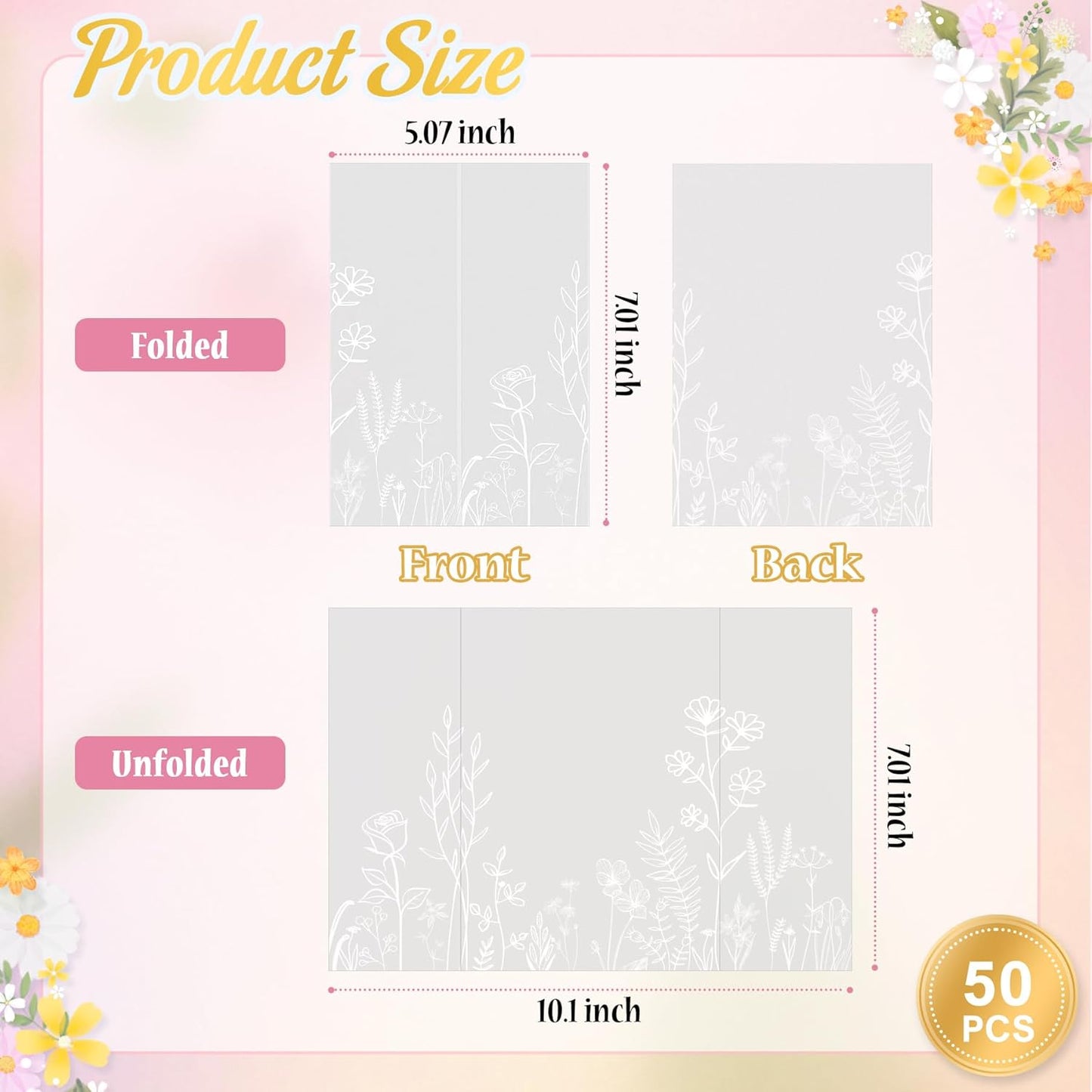 HAUTOCO 200 Pack Vellum Jackets for 5x7 Invitations, Pre-Folded Translucent 135GSM Vellum Paper Wraps, White Flower Envelope Liners Wedding Invitations Accessories