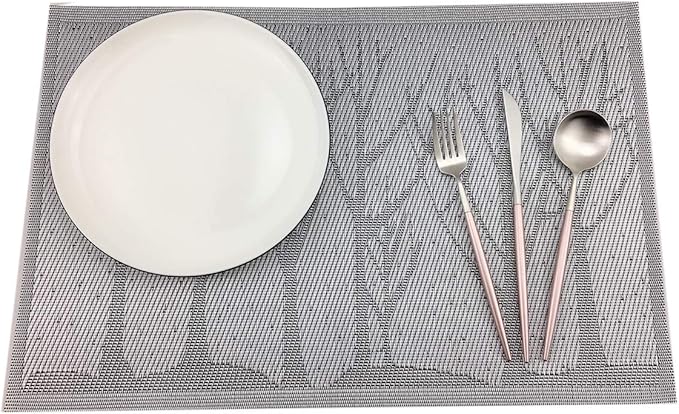 Gugrida Place Mats PVC Set of 6, Table Placemats Set of 6 PVC Woven Vinyl Place Mats Table Mats Natural Color (6 pcs, Silver Tree)