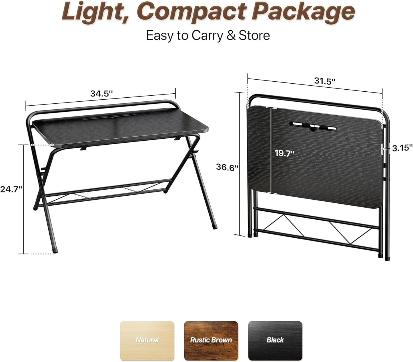Huuger Folding Desk with 3-Level Adjustable Height and Tablet Slot, 32 Inch Foldable Computer Desk for Small Spaces, Space Saving, Writing Work Table for Home Office, Bedroom, Study, Black