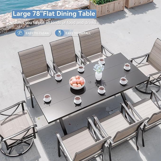 Kurapika 9-Piece Patio Dining Set, Outdoor Large Table with Umbrella Hole, 6 Stationary Chairs and 2 Swivel/Rocking Chairs, Patio Furniture Set for Garden, Deck, Porch, Pool All Weather, Brown