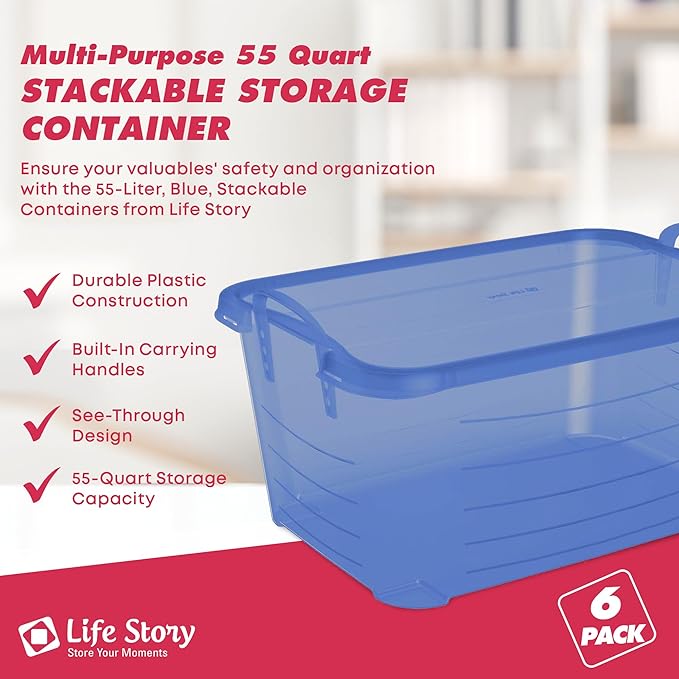 Life Story 6 Pack Light Duty Stackable Storage Bin, 55 Quart Home Organizer, Versatile Lightweight Locking Bins with Carrying Handles, Blue