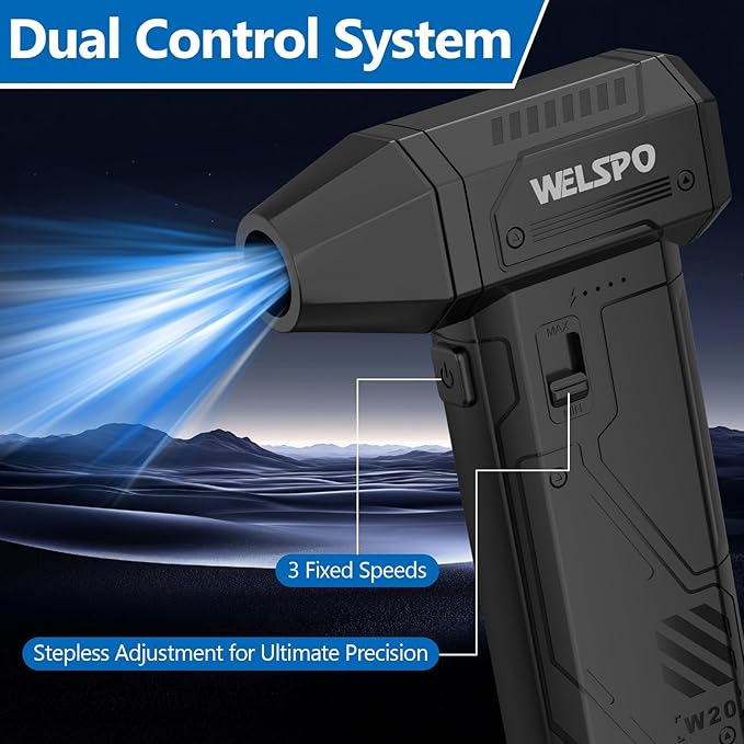 Welspo Compressed Air Duster 260000RPM Super Power Electric Air Duster Rechargeable, 3-Gear Adjustable Blower with Brushless Motor, Cordless Dust Blower for Keyboard, PC, Car, Home & Outdoor Use