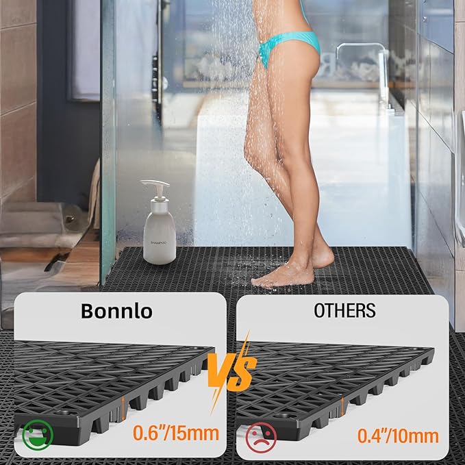 Bonnlo Black Interlocking Floor Tile, 12''*12'' Anti-Fatigue Floor Mat, Restaurant Drainage Kitchen Mat, Cushioned Flooring Mat, Non-Slip Garden Tile for Poolside, Wet Area, Deck and Bathroom Use