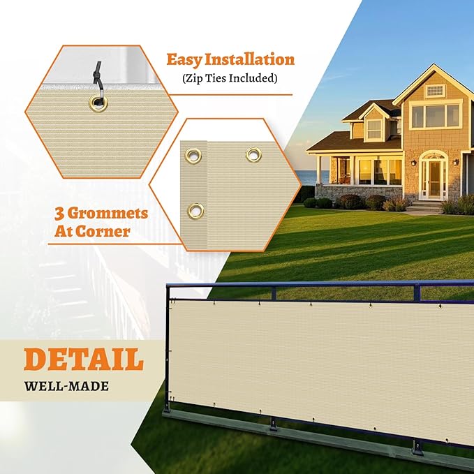 2.5' x 98' Balcony Privacy Screen Fence Cover with Zip Ties Grommets for Apartment Patio Porch Deck Backyard Outdoor (Beige)