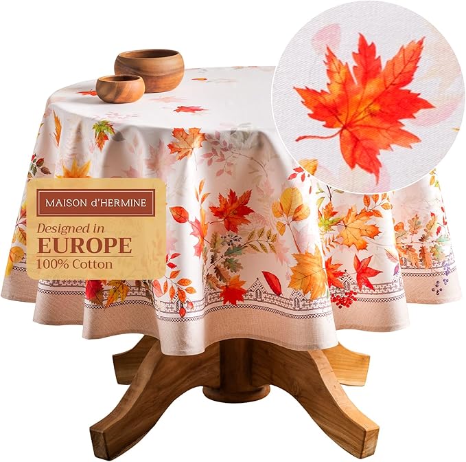 Maison d' Hermine Table Cloth Round Table 100% Cotton 63 Inches Fall Tablecloth Reusable Everyday Use for Thanksgiving Christmas Decorations Dining Farmhouse Party (Amarante)