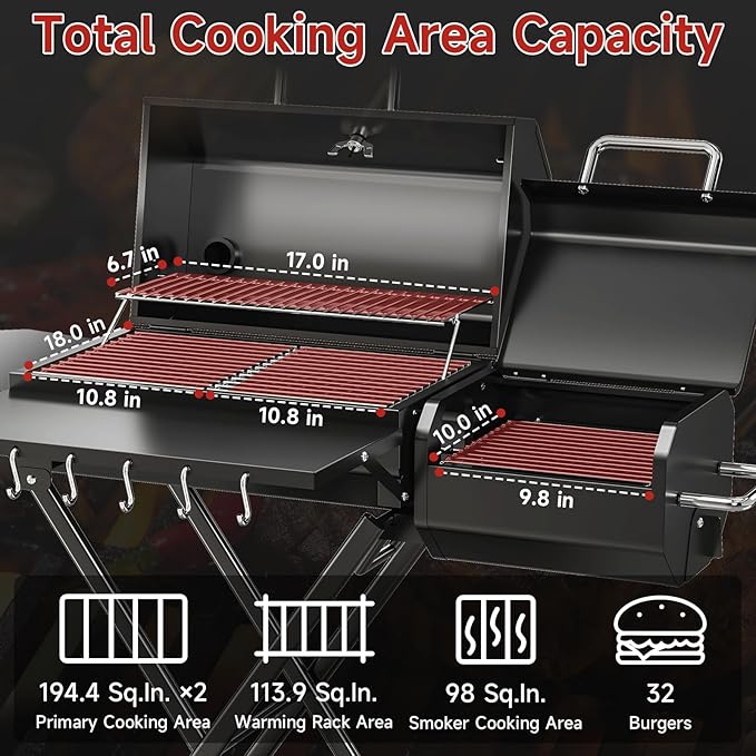 Portable Charcoal Grill with Smoking Function, Foldable Suitcase Design with Wheels, Multi-Tier Storage Rack & Waterproof Cover for Outdoor BBQ Parties (Black)