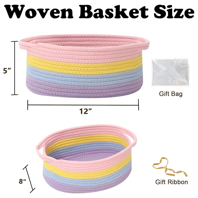 Gift Basket with Gift Bag and Ribbons,Small Rope Woven Shelf Storage,Baskets for Gifts Empty,Birthday,Baby Shower,Decorative Organizer Box with Handles(Rainbow Pastel)