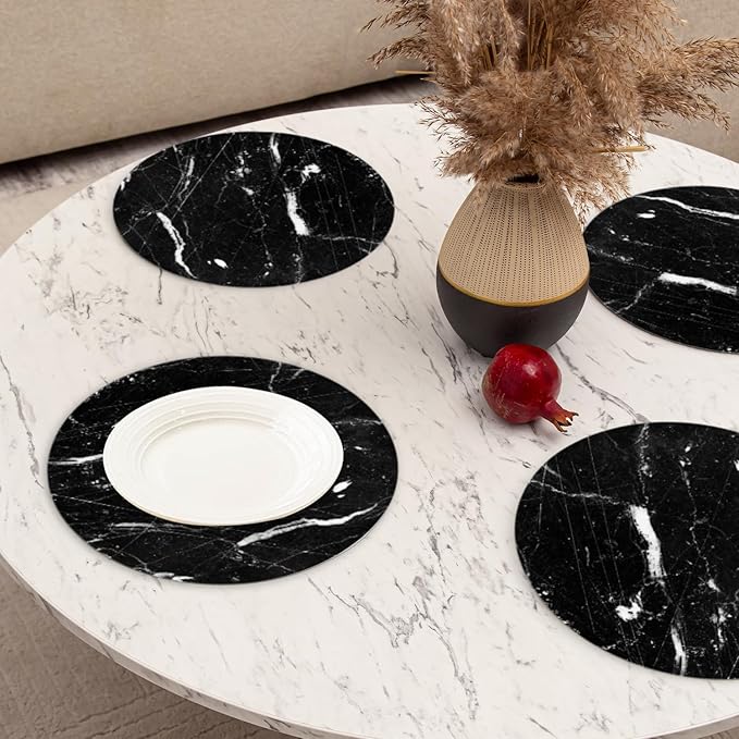 Heat Resistant Placemats Set of 4,Black Marble Round Ding Table Placemat Easy to Clean Waterproof Non-Slip Place Mats Tabletop Protection Kitchen Decoration,13inch