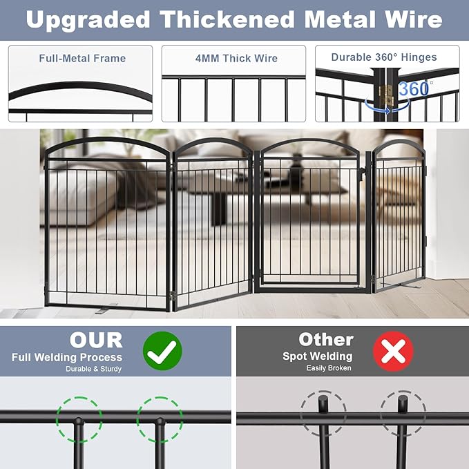 Full Metal Free Standing Dog Gate with Door for Indoor & Outdoor,96'' Extra Wide 32'' Tall Dog Gate for The Doorways,Large Openings,Decks,Porch,Pet Freestanding Safety Fence(4 Panels,Black)