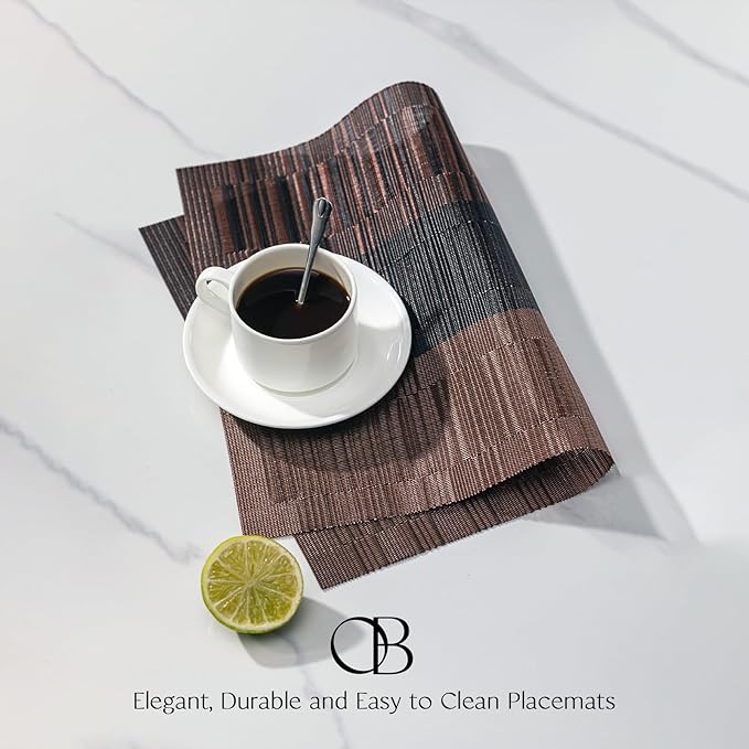 Placemats Set of 8 - Easy Clean Woven Vinyl Placemats for Dining Table, Indoor/Outdoor Place Mats, Washable PVC Table Mats （Ombre Brown Black）
