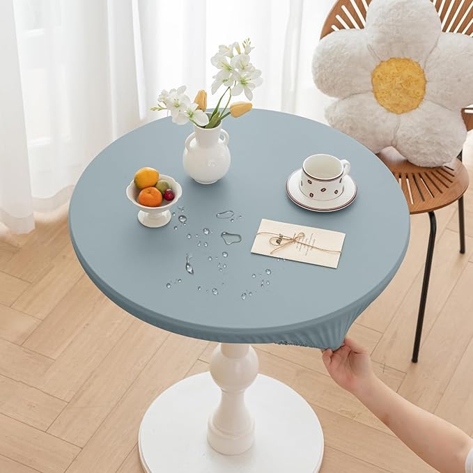 Round Fitted PU Tablecloth with High Elastic Edge 31 Inch Dia Waterproof Oil Proof Table Cloth Anti-Scald Stain-Resistant Wipeable Table Cover for Indoor Outdoor Picnic (Blue,31" Dia)