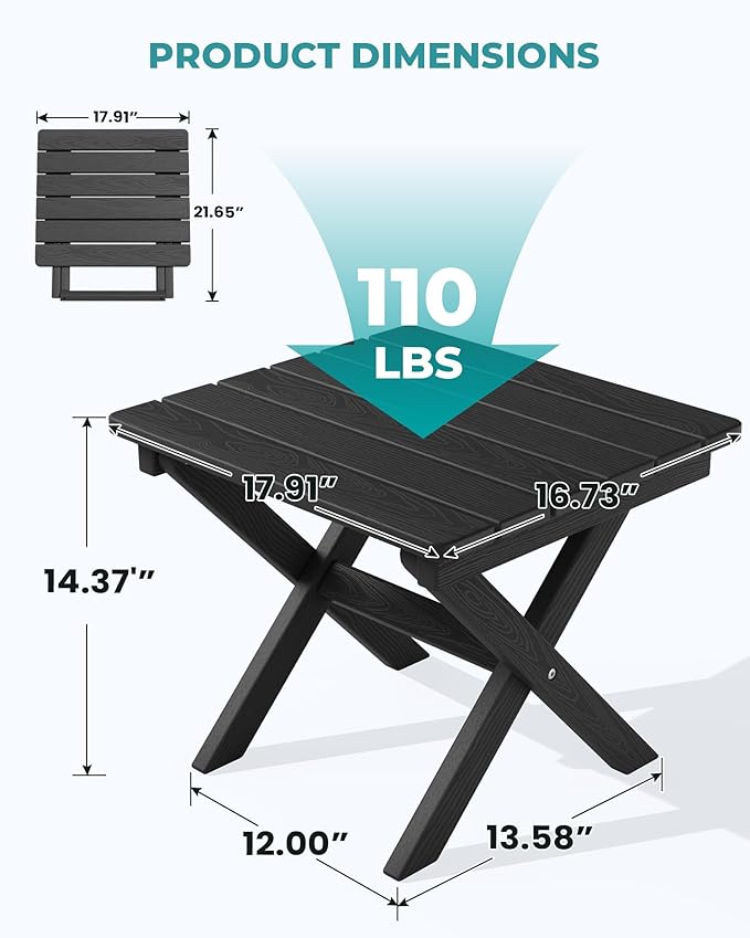 SERWALL Folding Outdoor Side Table, HDPE Adirondack Side Table, Portable Outdoor End Table, Black