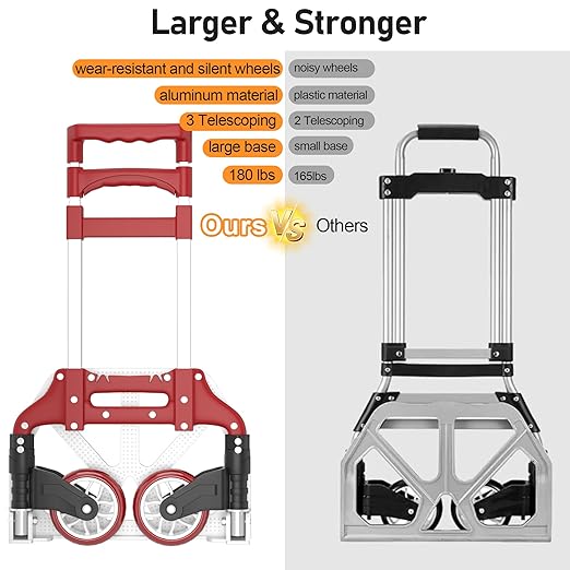 Folding Hand Truck - Aluminum Portable Dolly Cart with Telescopic Handle, Bungee Cord - Compact Lightweight Foldable Luggage Cart for Moving, Home, Auto, 180lbs, Red