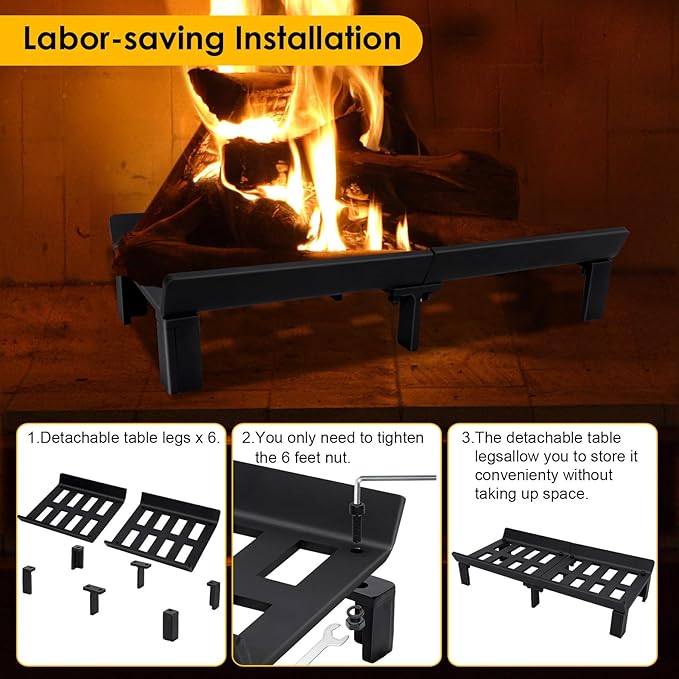 STBoo Fireplace Grate 20inch - Wood Stove Grates Heavy Duty | Fireplace Log Holder | Firewood Log Burning Wrought Iron Rack | Fire Pit Tray for Indoor Chimney Hearth & Outdoor Kindling Tool