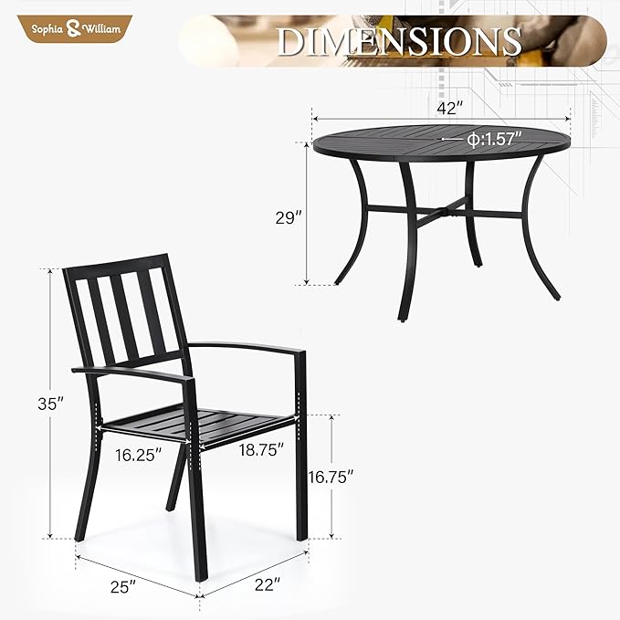 Sophia & William Round Patio Table and Chairs Set, Outdoor Dining Set for 4, 5 Piece Metal Patio Furniture, 42" Black Table(Stripe)