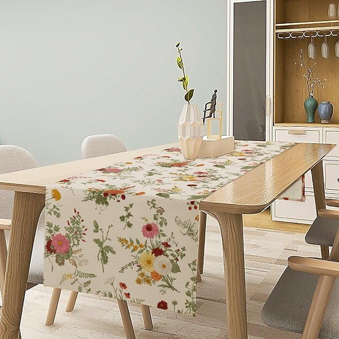 Vintage Flower Table Runner, Rustic Farmhouse Retro Garden Botanical Plants Herbs Wildflower Print Table Runner for Kitchen Dining Room Wedding Party Decor, 13x70inch