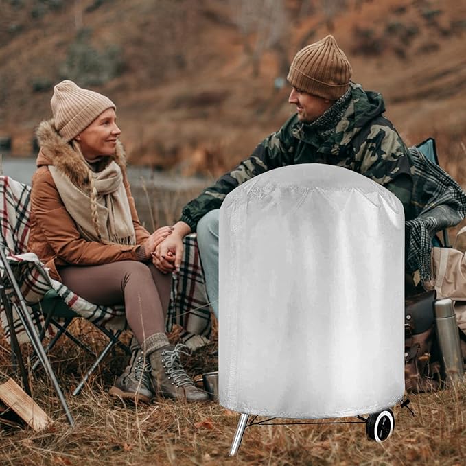 Mikikit Polyester Outdoor Grill Cover BBQ Barbecue Protective Cover with Drawstring Heavy Duty Round Grill Dustproof Shield for Patio Cooking