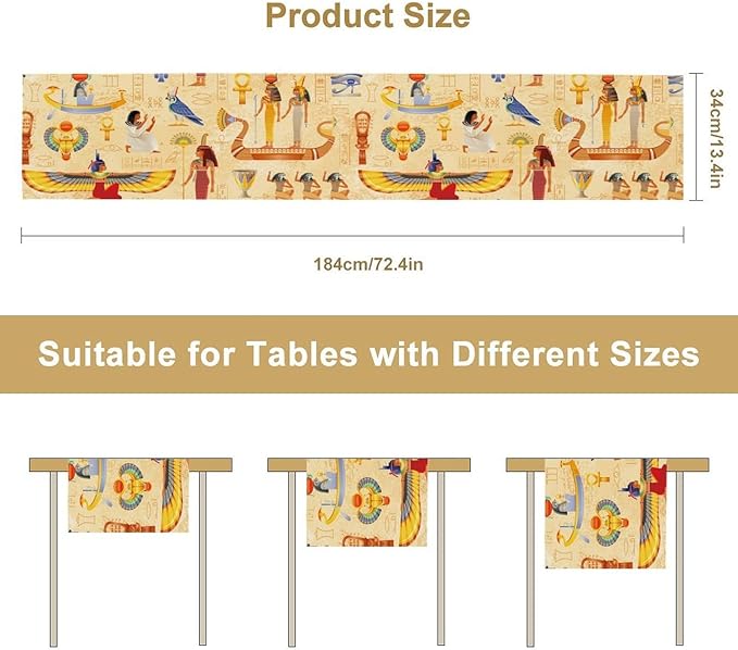 Egypt Table Runner, Ancient Egyptian Mythology Gods Hieroglyphic Elements Retro Farmhouse Table Runner for Home Kitchen Dining Party Indoor Outdoor 13x70in
